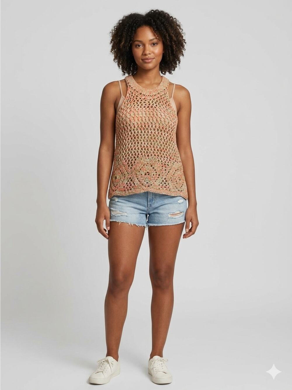 Mystree Quality Bohemian Multicolor Crochet Open Knit Sleeveless Top | S